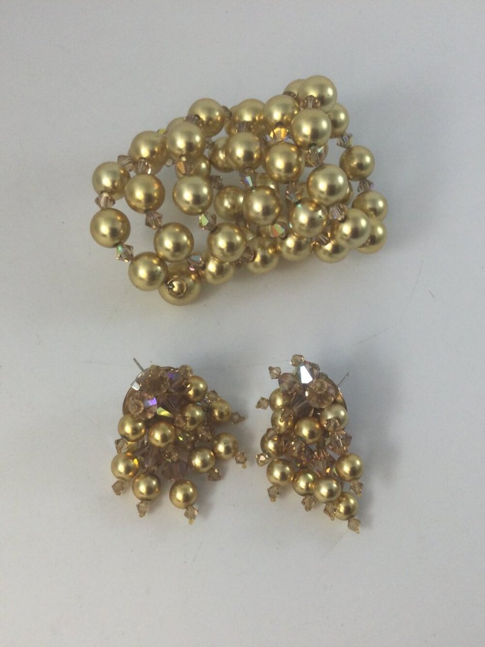Vintage Memory Wire Bracelet and Pierced Earrings Faux Gold Pearls